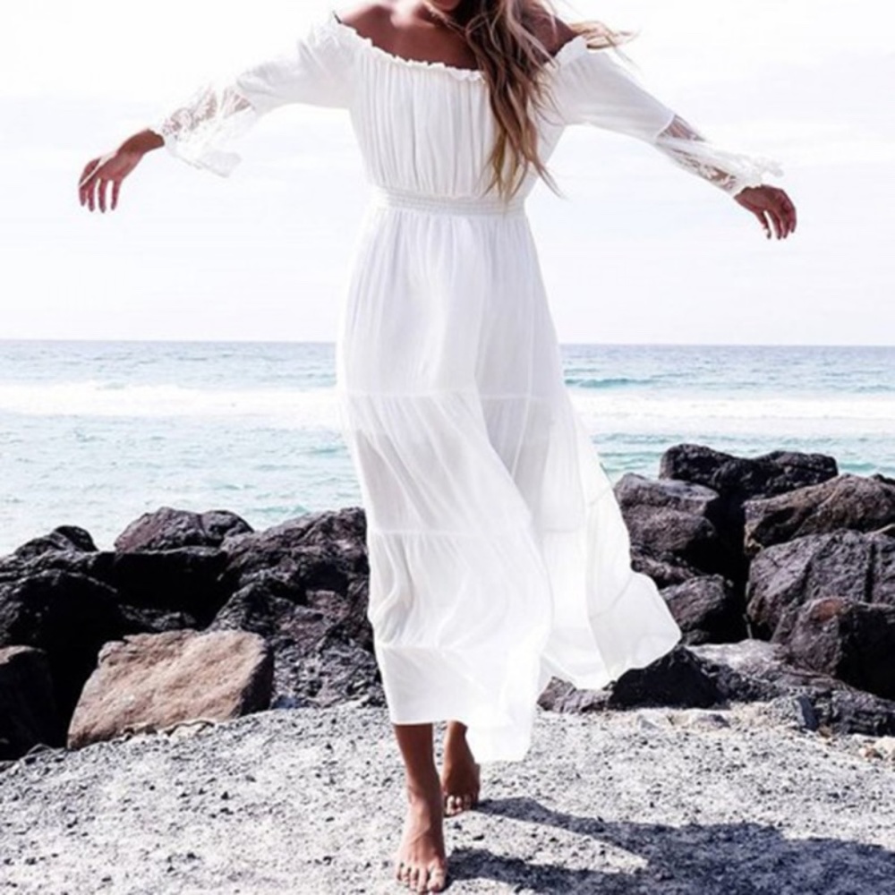 IN STOCK Off shoulder lace sleeve Maxi Dress - Picture 9 of 9